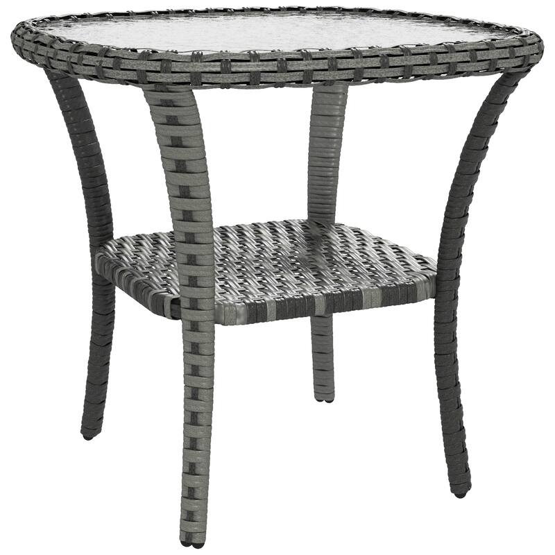 Outdoor Rattan Coffee Table with Storage Shelf, Wicker Side Table with Glass Top - Mix Gray