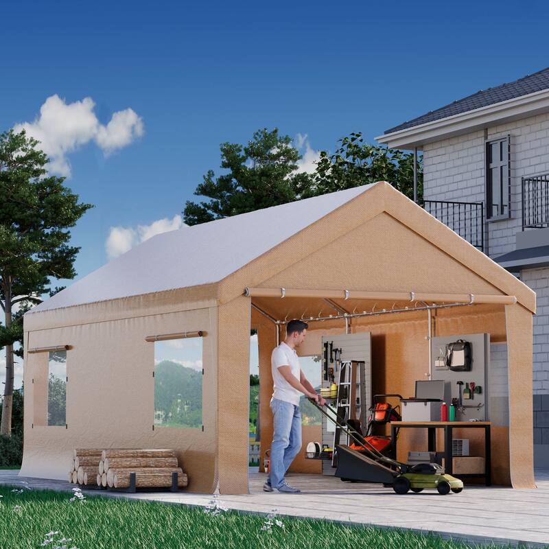 Heavy Duty Enclosed Carport Shelter, Waterproof UV-Resistant Canopy with Steel Frame & Roll-Up Windows - 12'x20' - Yellow