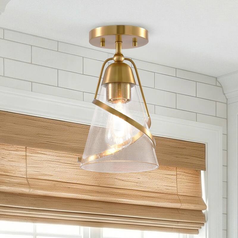 7" Modern Seeded Glass Gold Dimmable Small Semi-Flush Mount Ceiling Light