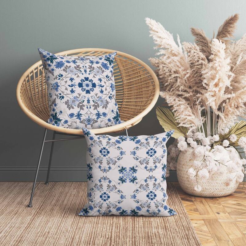 Moonlit Blossoms Indoor/Outdoor Reversible Throw Pillow Blue and Brown