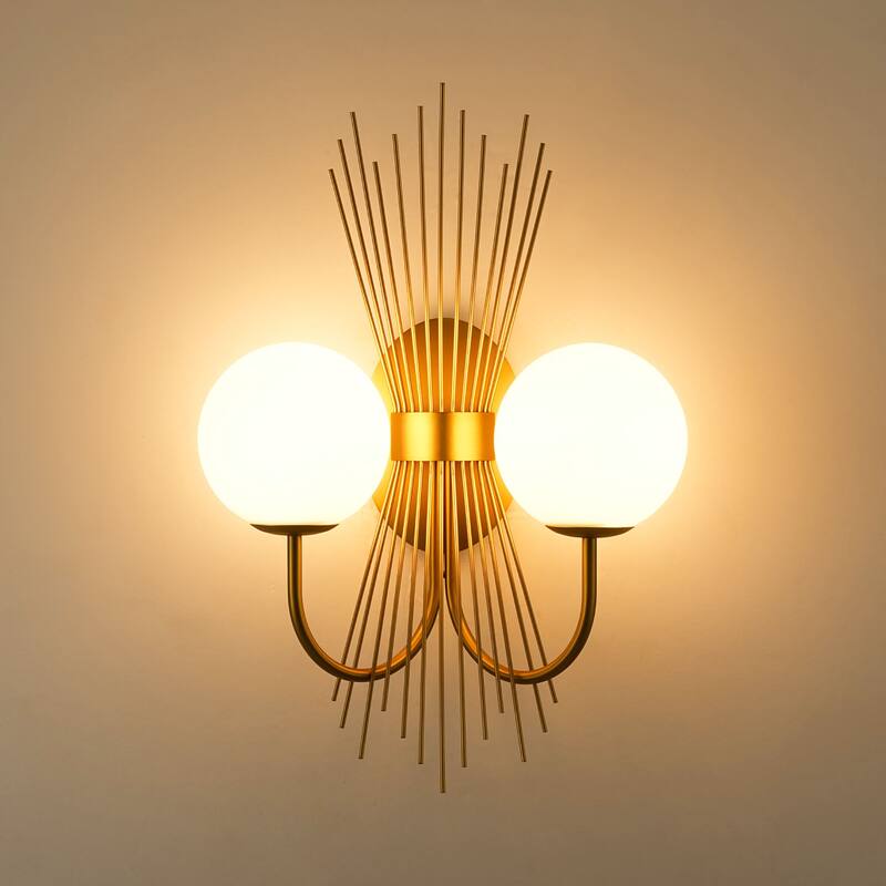 18.9" W 2-Light Mid-Century Modern Brushed Gold Sunburst Sputnik Wall Sconce with Milk Glass Globes