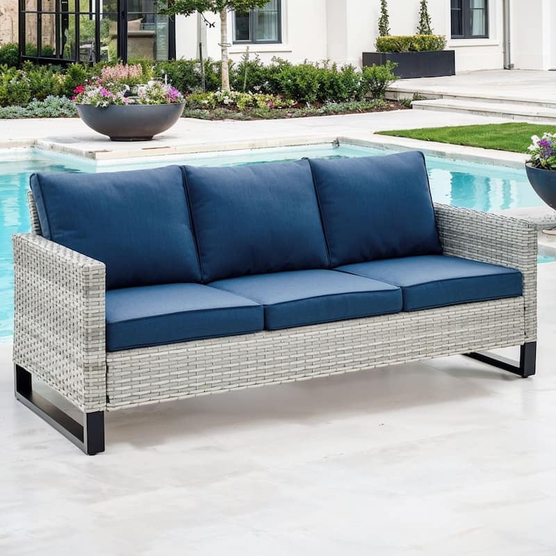 Gymojoy 3-Seat Outdoor Sofa, All-Weather PE Wicker - 1-Piece - Light Grey Wicker / Blue Cusion