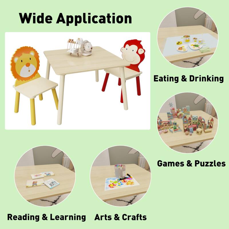 Kids Wooden Table with 2 Chairs, 3-Piece Activity Play Set, Cartoon Lion & Monkey Theme