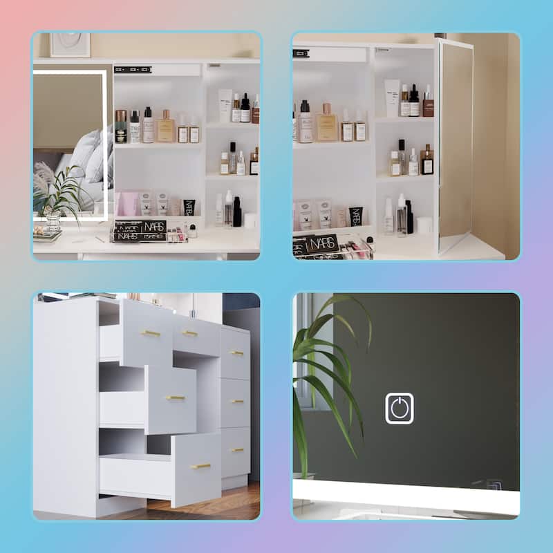 Vanity Set with Lighted Mirror,Extra Large Mirror Makeup Vanity Table with 7 Drawers,white