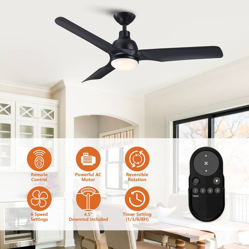 52" Black ABS 3-Blade Modern Dimmable LED Ceiling Fan with Remote