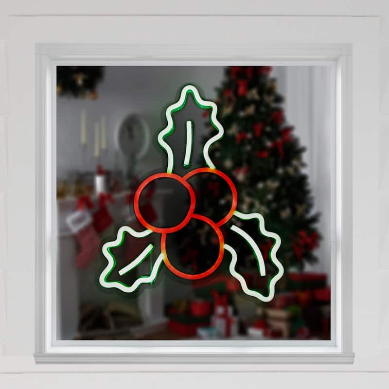 LED Holly Berries Neon Lighted Christmas Wall or Window Decoration - 12"