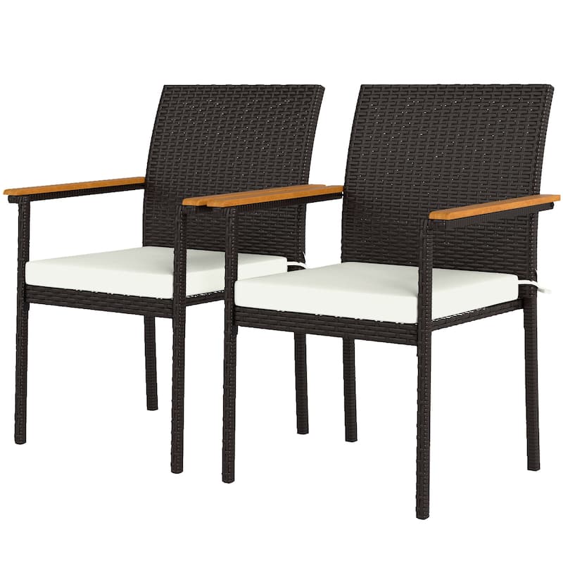 2-Piece UV-Resistant Rattan Outdoor Dining Chairs Set with Removable Cushion Covers and Acacia Armrests - Cream White, Brown 