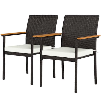 2-Piece UV-Resistant Rattan Outdoor Dining Chairs Set with Removable Cushion Covers and Acacia Armrests