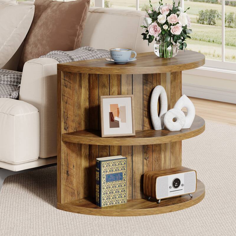 Half Round Side Table, 3-tier Wooden End Table with Storage Shelves