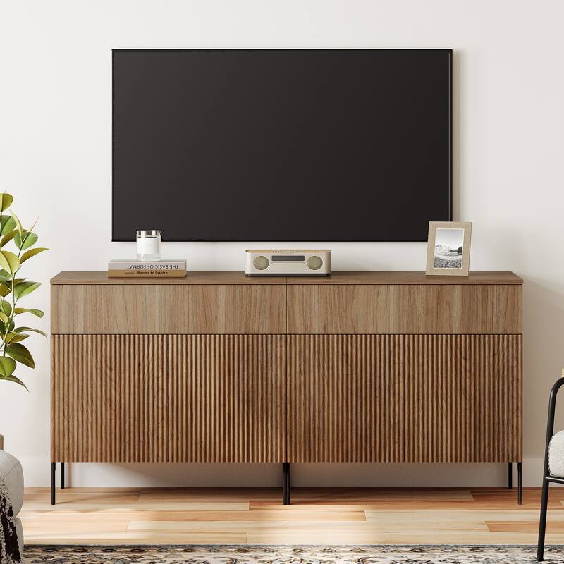 31.5" Modern Reeded TV Stand With Doors, Entertainment Center With Shelf, Wooden TV Console - 2PCS - Walnut