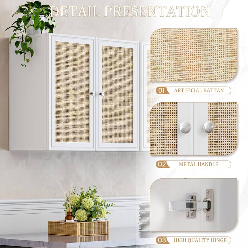 Rattan Wall Cabinets with Adjustable Shelf & LED Light