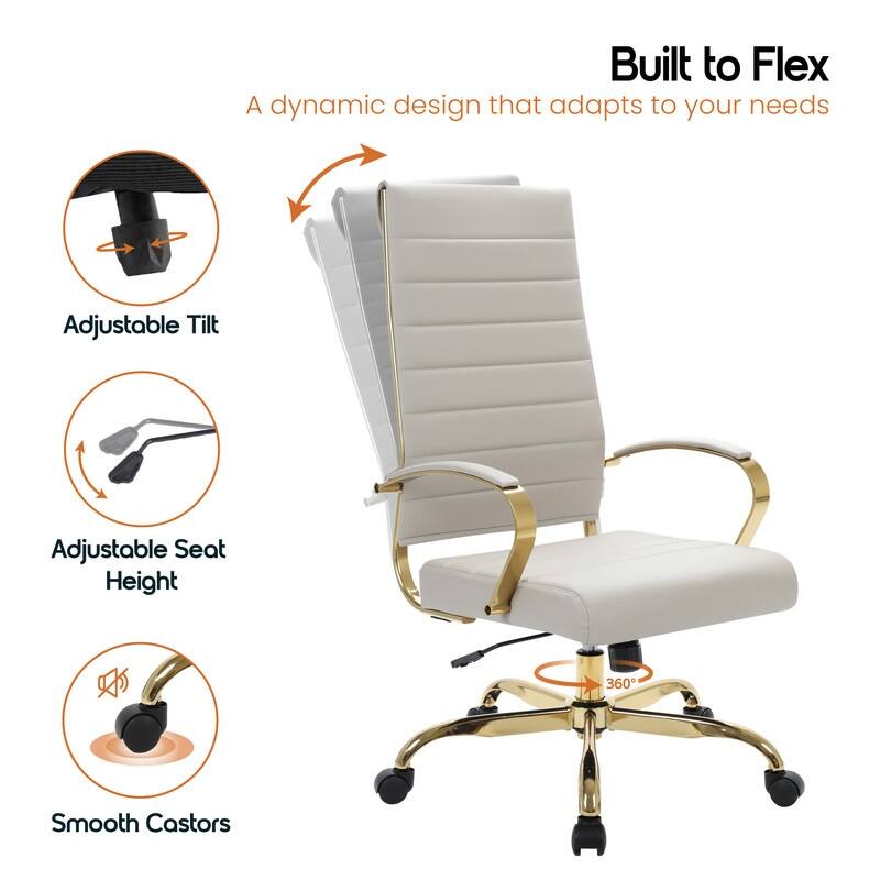 Benmar Ergonomic Ribbed Back Gold Frame Leather Executive Office Chair with Adjustable Height, Tilt, Swivel & Smooth Casters