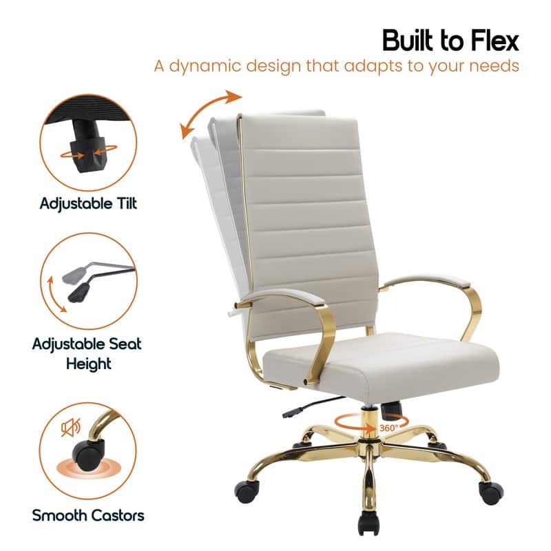 Benmar High-Back Leather Office Desk Chair in Brushed Gold Steel Frame Cushion Padded Armrests Tilt Lock Swivel Ergonomic Chair