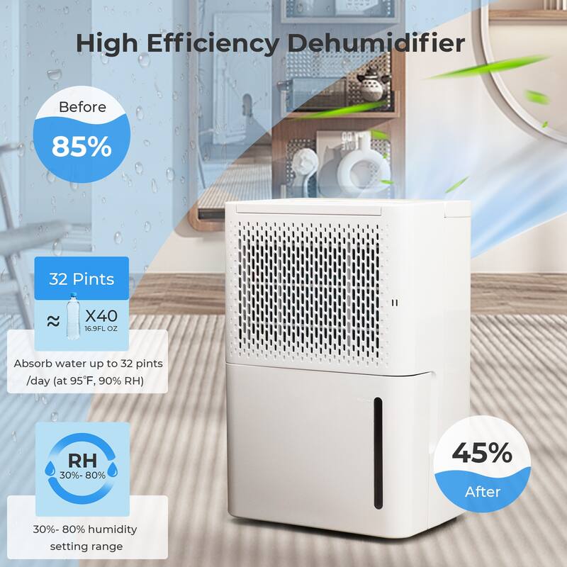 White ABS Dehumidifier 32 Pints with 3 Modes, Timer and Drain Hose - 10.5" x 8" x 16" (L x W x H)