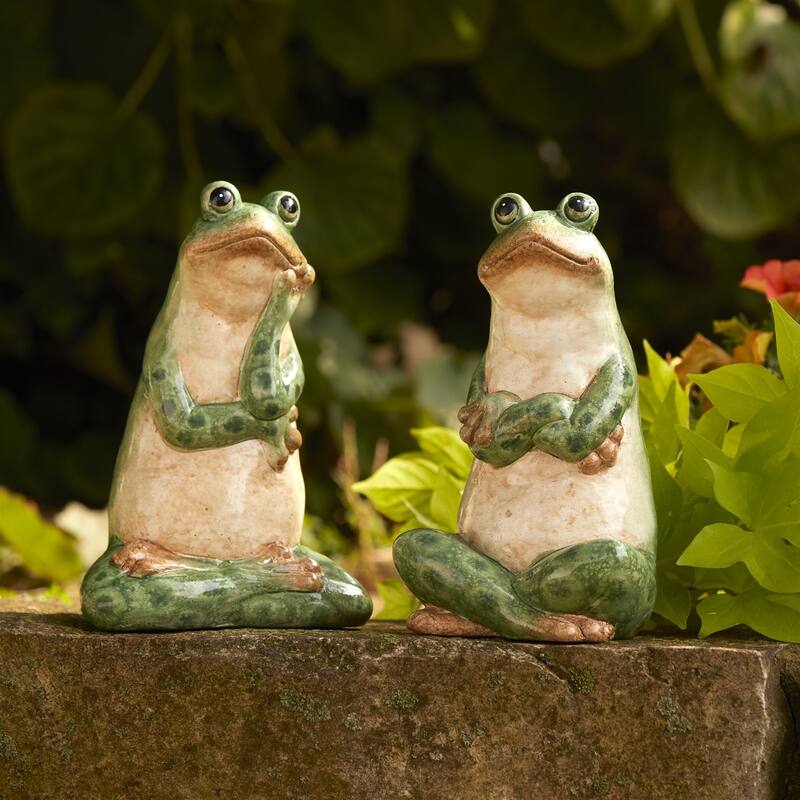 Sitting and Thinking Frog Ceramic Outdoor Garden Statues - 7.5" - Set of 2