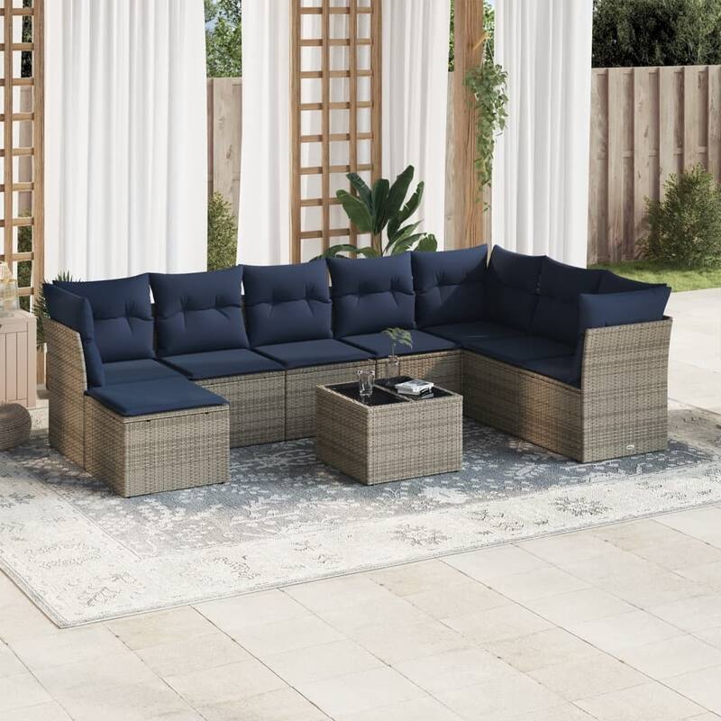 vidaXL 9 Piece Patio Sofa Set with Cushions Black/Brown/Gray Poly Rattan - 21.7 x 24.4 x 27.2 - Beige and gray With table