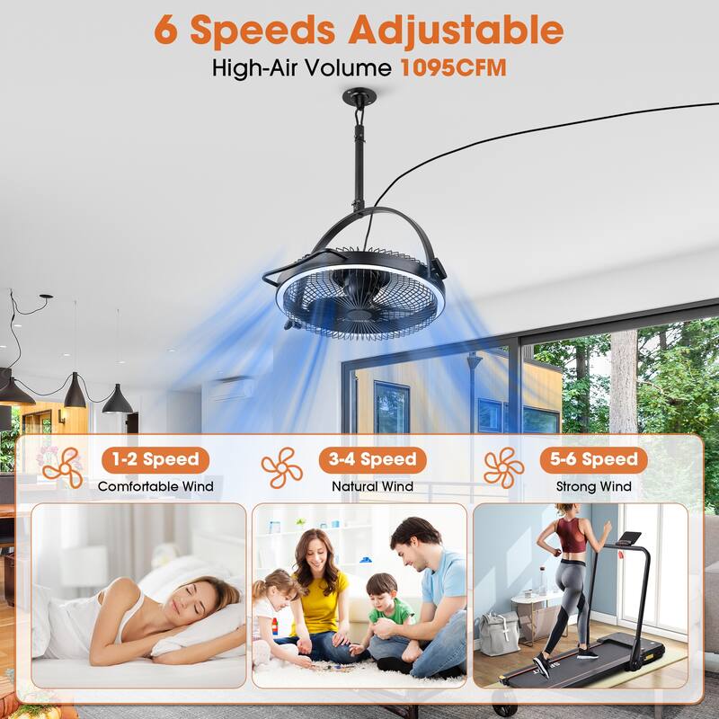 20" Black Integrated LED Rotatable 6-Speed Industrial Ceiling Mount Fan with Remote