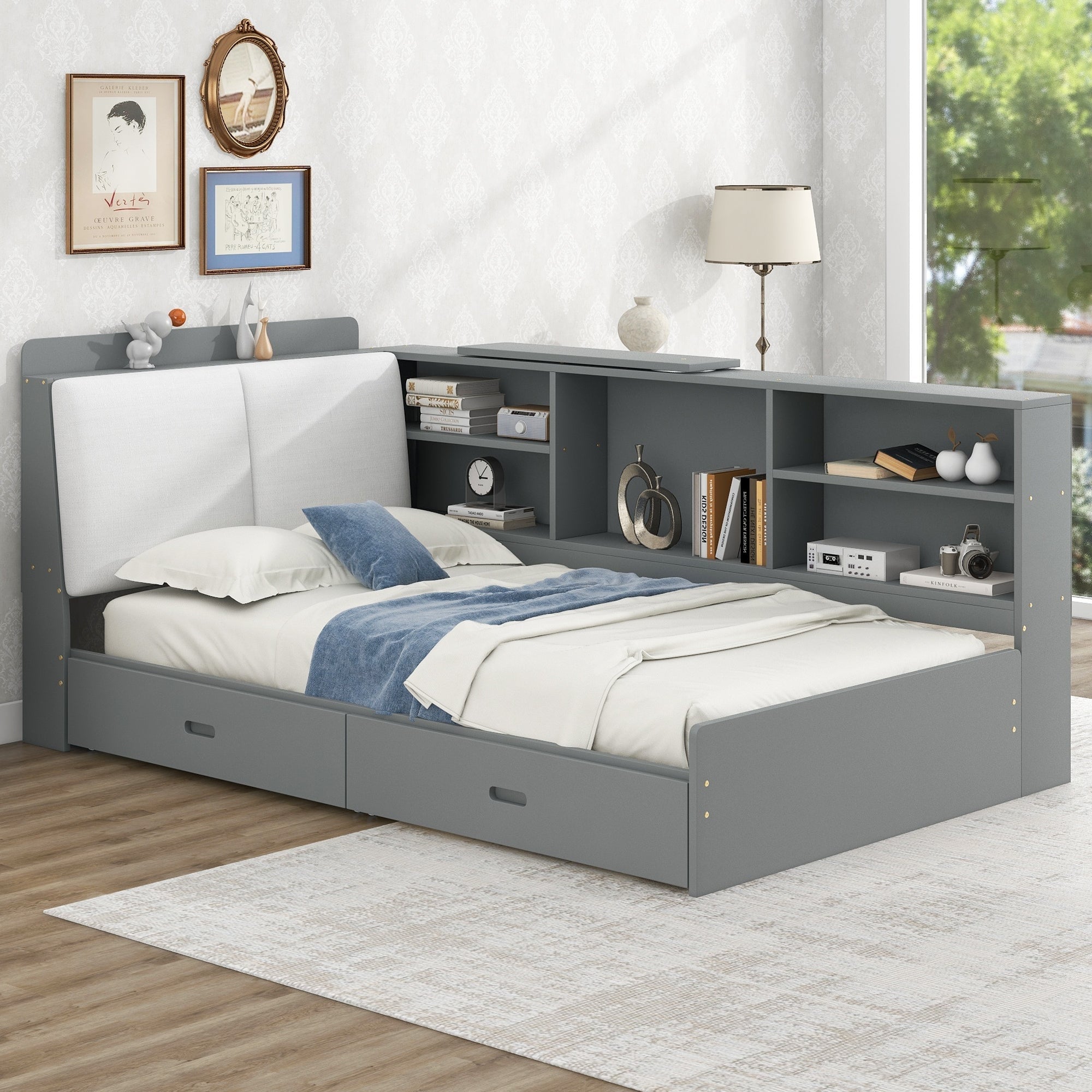 Wood Twin Size platform bed with Storage Headboard