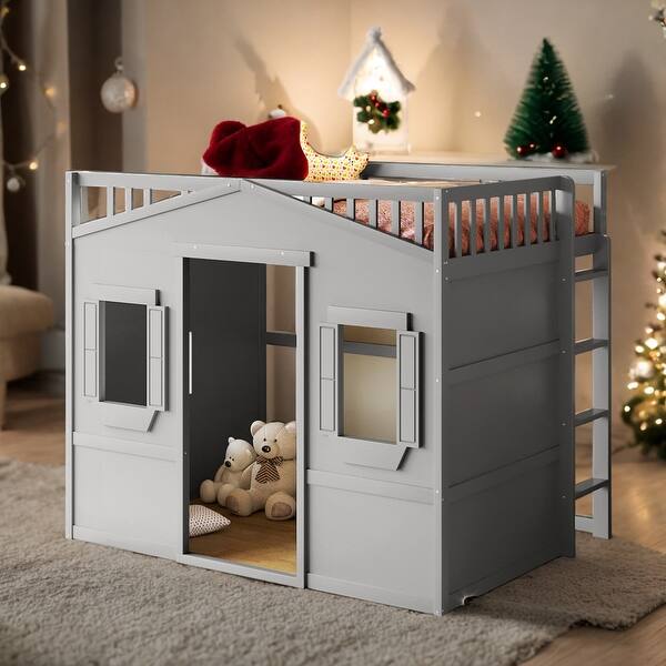 slide 2 of 17, Modern Twin Size House Loft Bed With Ladder and Guaranteed, Health and Comfort, Sturdy Construction & Unique Design, Gray Grey