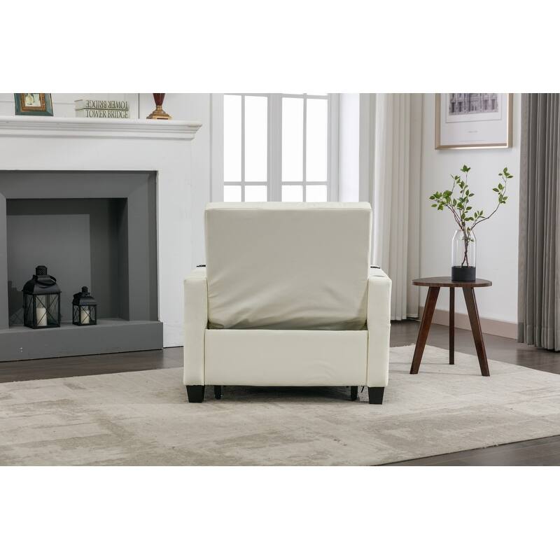 3-in-1 Convertible Sofa Chair,Pull Out Sleeper Chair with USB Ports and Cup Holders（Leather）
