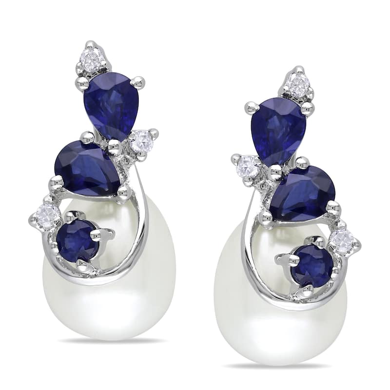 Miadora 10k White Gold Cultured Freshwater Pearl, Sapphire and Diamond Earrings (H-I, I2-I3)