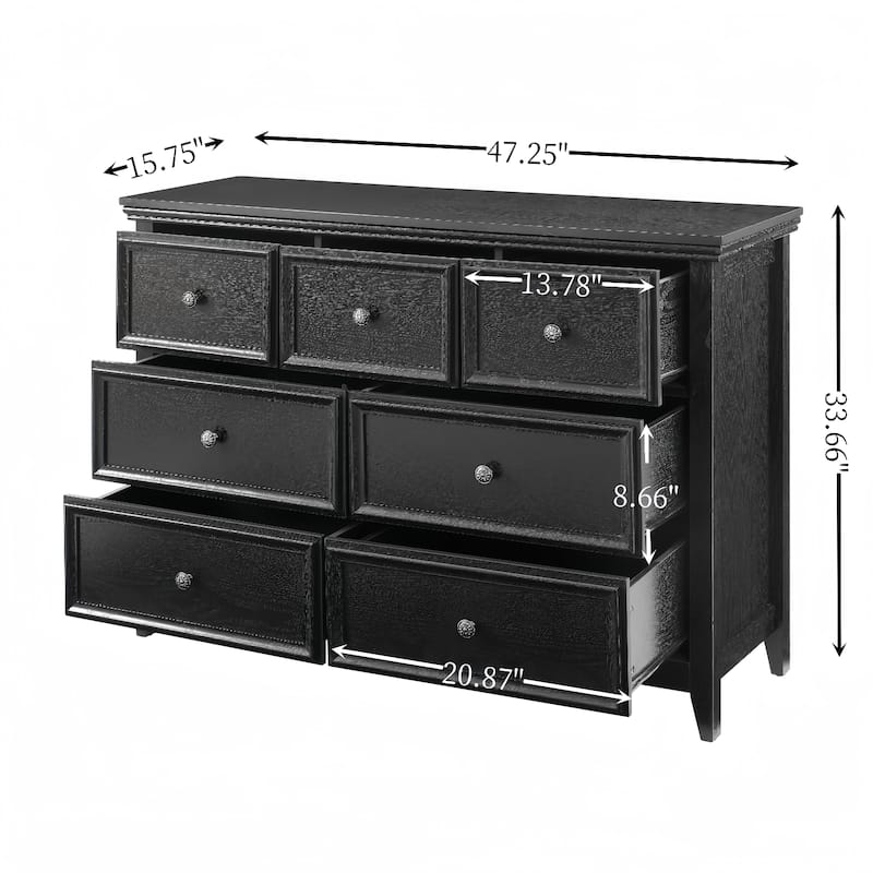 Spacious Black 7-Drawer Dresser, Farmhouse Clothes Organizer Cabinet