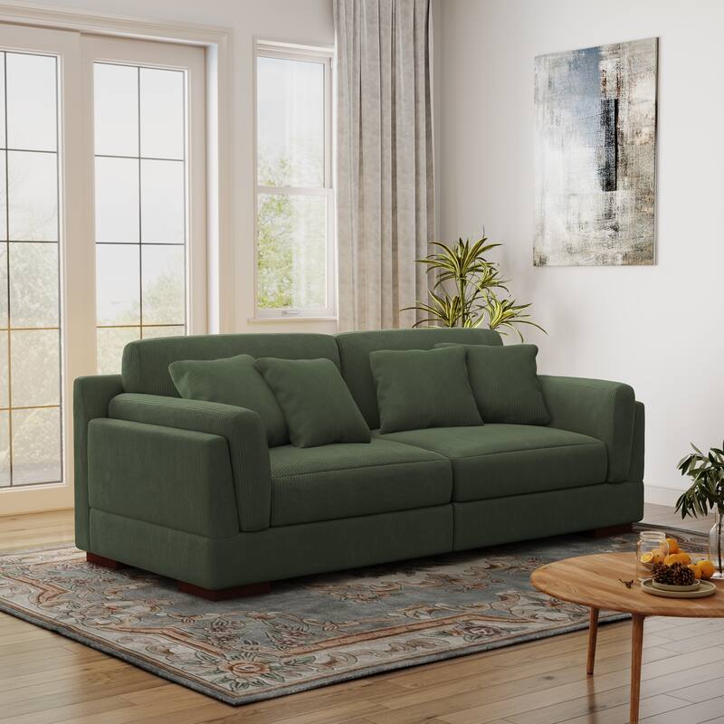 90.2"W Corduroy Upholstered Living Room Sofa - Green-4Pillows