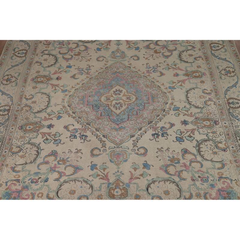 Floral Tabriz Persian Area Rug Oriental Hand-Knotted Beige Wool Carpet - 9'11"x 11'9"