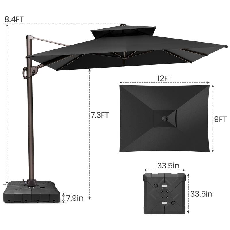 9 x 12 ft Outdoor Shade Parasol Patio Offset Cantilever Umbrella with Weights Base Stand