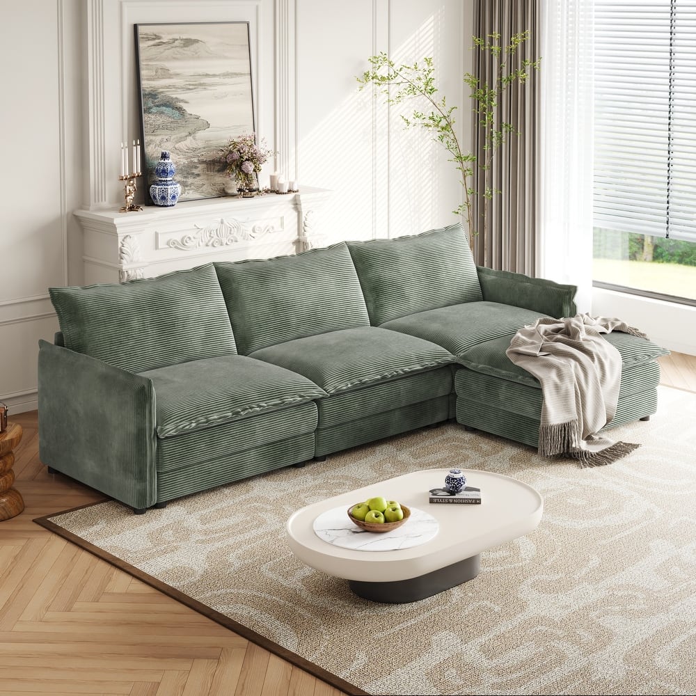 Corduroy Modular Deep Seat Couch L-shaped Sectional Sofa with Ottoman