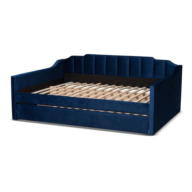 Modern Daybed with Trundle - Navy Blue Velvet Upholstered Full Size Bed Frame - Bedroom Platform Bed