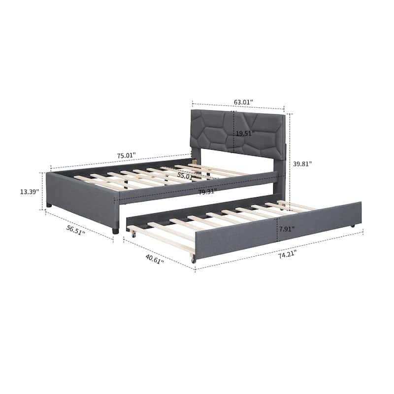 Modern Stylish Linen Fabric Upholstered Platform Bed with Trundle Bed