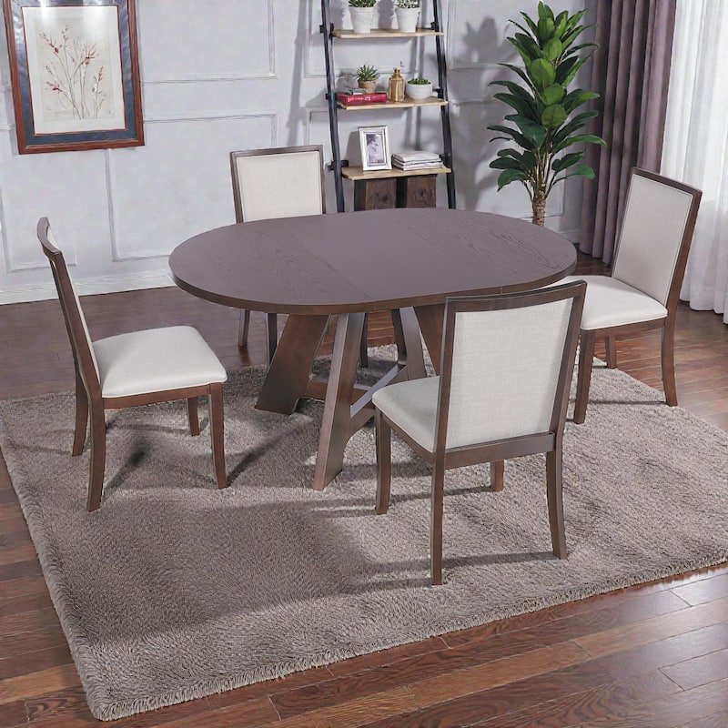 5-Piece Farmhouse Extendable Round Dining Table Set with 18" Removable Leaf and 4 Upholstered Chairs for Small Spaces