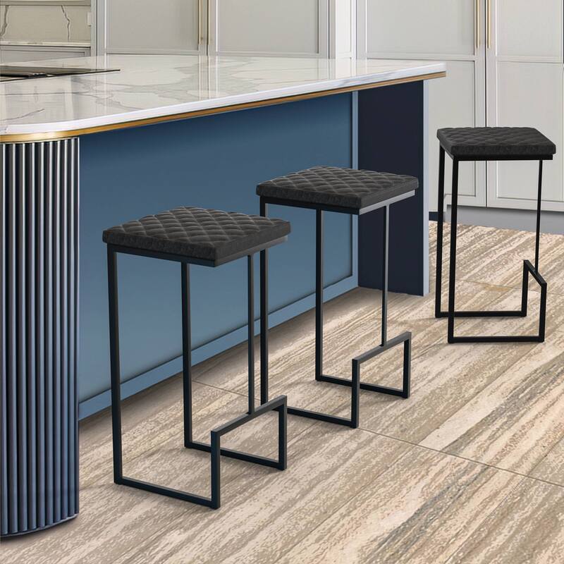 Quincy Leather Quilted Counter Height Barstool (Set of 2) with Upholstered Square Seats & Footrest for Home Bar & Kitchen