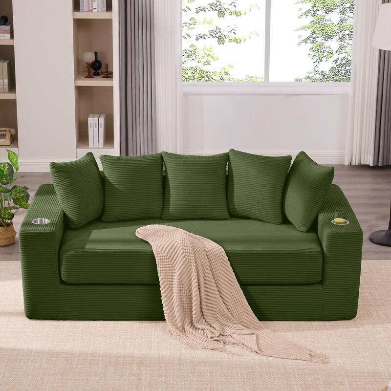 Convertible Corduroy Sleeper Loveseat Sofa Bed 3 Seater Floor Folding Couch with 5 Pillows, Cup Holders and Side Pockets