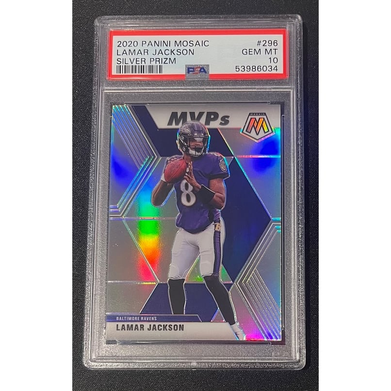Lamar Jackson 2020 Panini Mosaic Silver Prizm Football Card #296 Graded PSA 10 - 8'6" x 11'6"