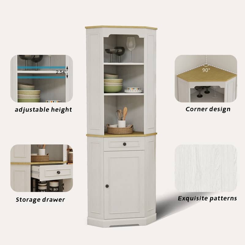 68" Farmhouse Corner Cabinet with Drawer, Freestanding Antique White Storage for Living Room, Kitchen