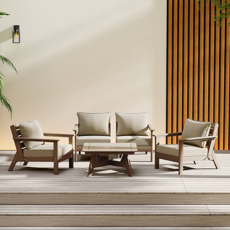 Birchwood All Weather HDPE Outdoor Patio Weathered Wood Deep Seating Conversation Set (5-Piece Set)