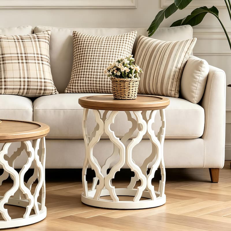 COZAYH Farmhouse End Table, Distressed Tray Top Coffee Table with Curved Motif Frame Base for Boho, Rustic, French Country