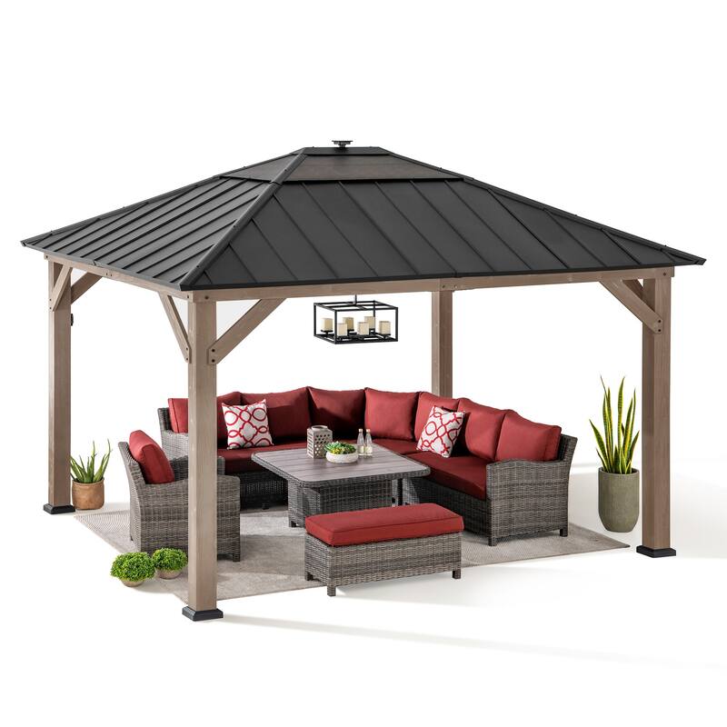 Sunjoy Outdoor Hardtop Gazebo Wooden Pergola with One-Tier Metal Roof, LED Light and Ceiling Hook