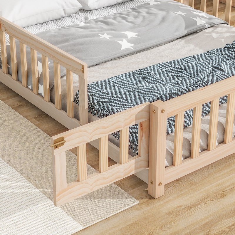House-Style Twin Floor Bed with Fence, Pine Wood Bed Frame for Kids