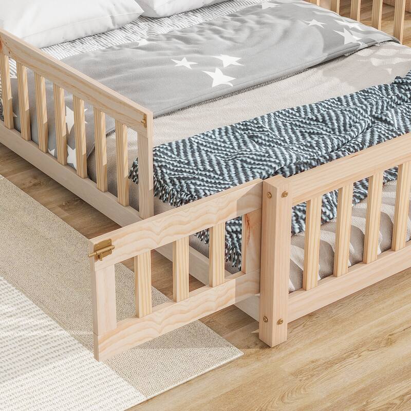 Twin House-Shaped Headboard Floor Bed with Fence, Fun & Safe Kids Bed