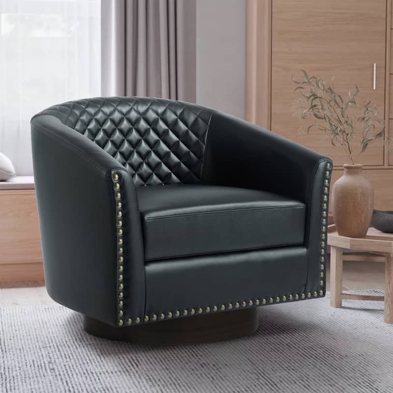 Tufted PU Vegan Leather Swivel Barrel Chair with Nailheads Trim