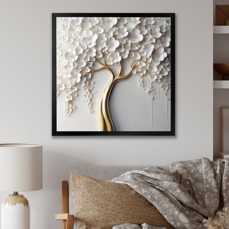 Designart "White Orchid Tree Garden Of Branches Vii" Tree Floral Framed Canvas Print - 16 in. wide x 16 in. high - Black