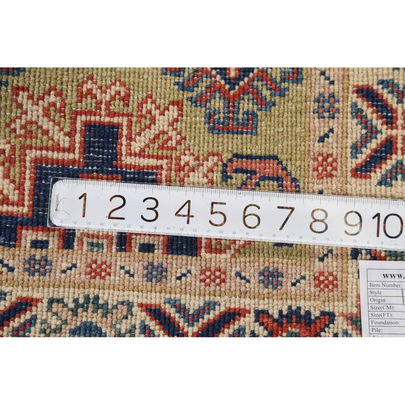 Pistachio Green Geometric Kazak Oriental Rug Hand-Knotted Wool Carpet - 2'1"x 2'10"