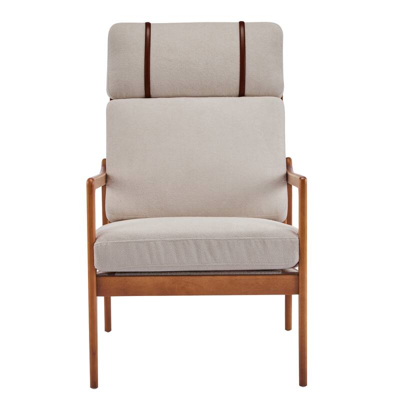 Mid Century Modern Accent Armchair, Solid Wood Frame with High Back, Beige Upholstered Cushions, Ergonomic Lounge Chair