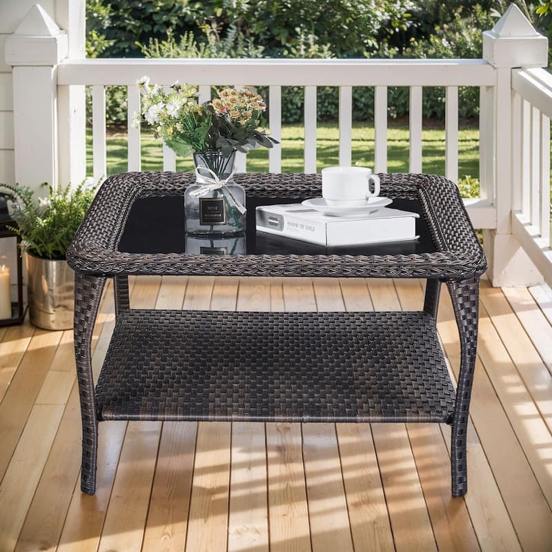 Stylish Outdoor Wicker Coffee Table with Glass Top