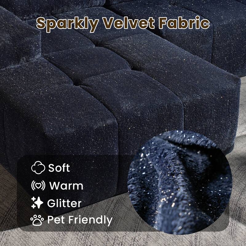 HOOOWOOO Modern Sparkly Velvet Fabric Chaise Sofa Couch with Ottoman