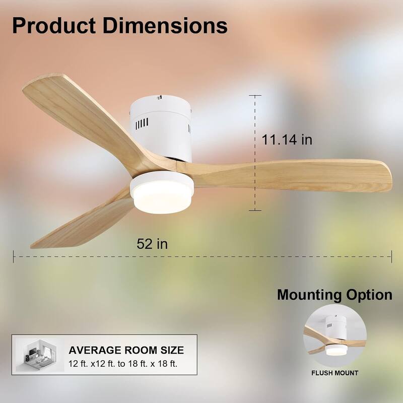52" Flush Mount Ceiling Fan with Light, Noiseless Reversible Motor Ceiling Fan for Indoor Outdoor, 3 Solid Wood Fan Blades