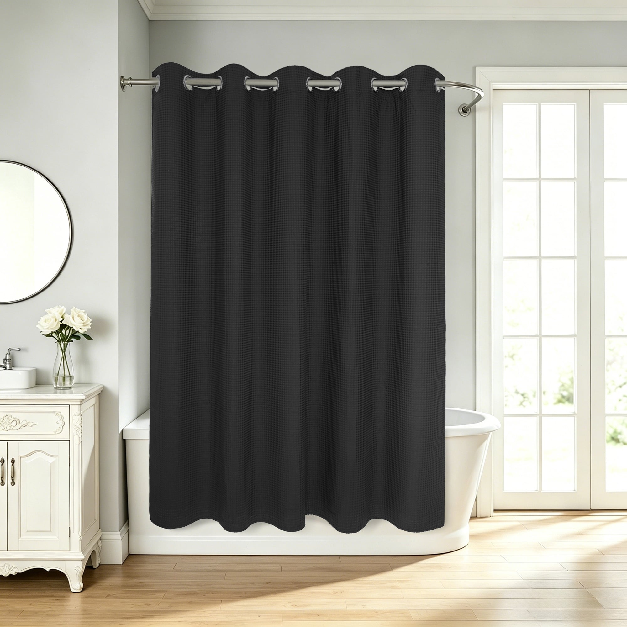 No Hook Cotton Blend Waffle Shower Curtain with Snap-in Liner